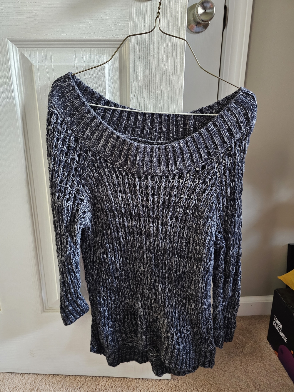 Mudd Open Knit Off-the-Shoulder Sweater in Charcoal